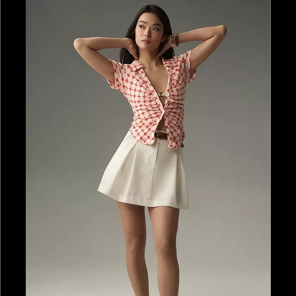 Maeve Anthropologie Orange White Retro Collared V Neck SS Ruched Button Up XL